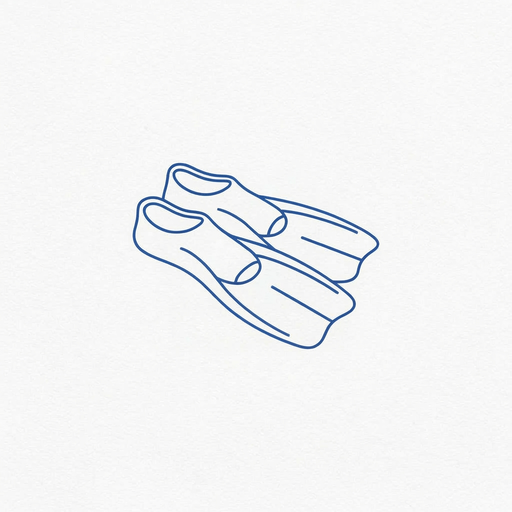 Essential equipment for diving and snorkeling activities Minimalist black line drawing of a pair of swim fins on a white background.