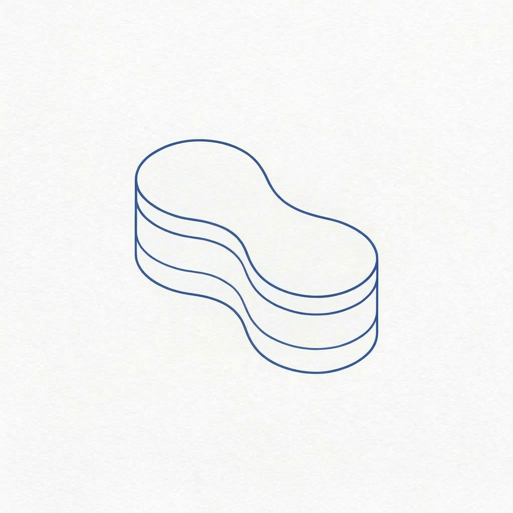 Essential equipment for competitive swimming practice Line drawing of a swimming kickboard with two handle cutouts on a textured background.