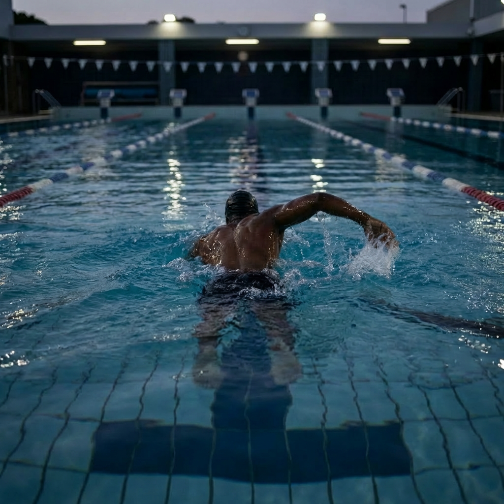 Male athlete performing freestyle stroke in a professional indoor swimming pool.