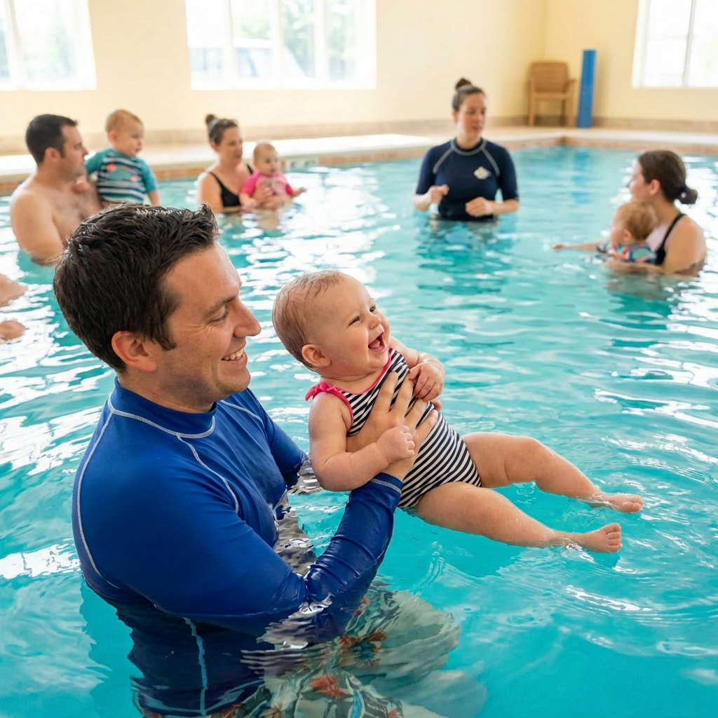 A man holding a laughing baby during a group swimming lesson in an indoor pool.