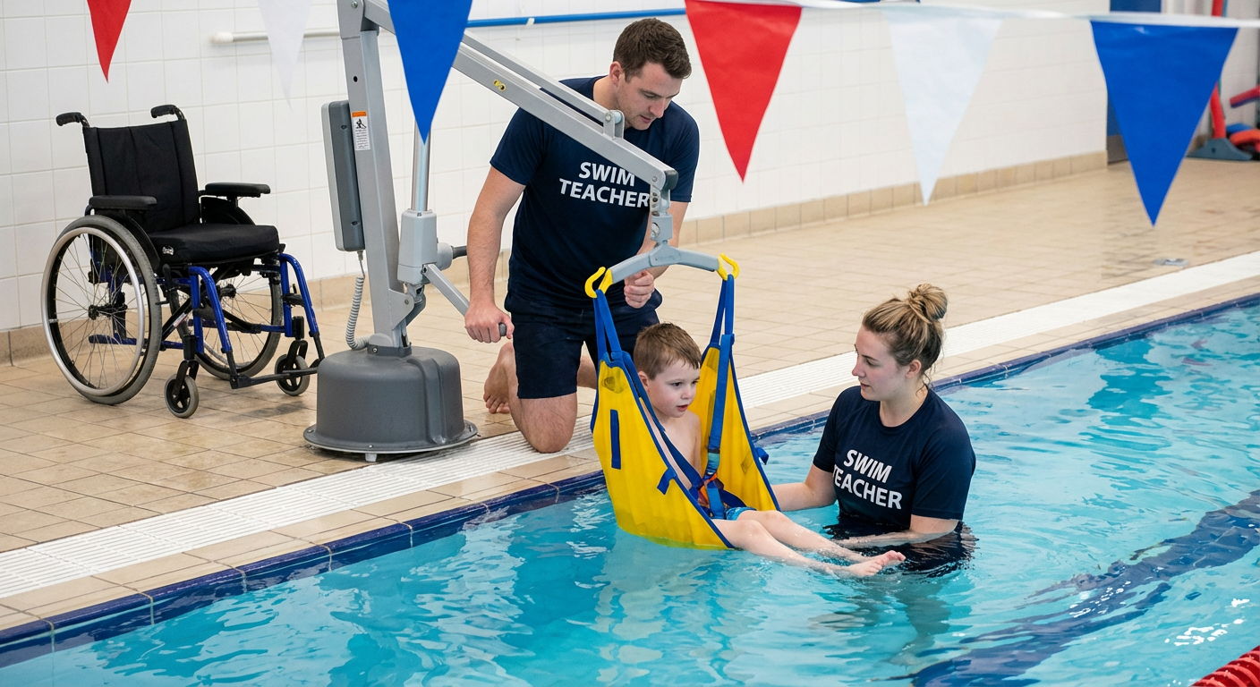 Two swim teachers use a mechanical hoist to lower a boy into a swimming pool.